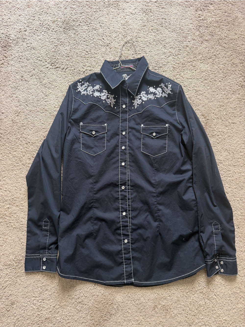 Embroidered Western-Style Button-Down Shirt - Navy